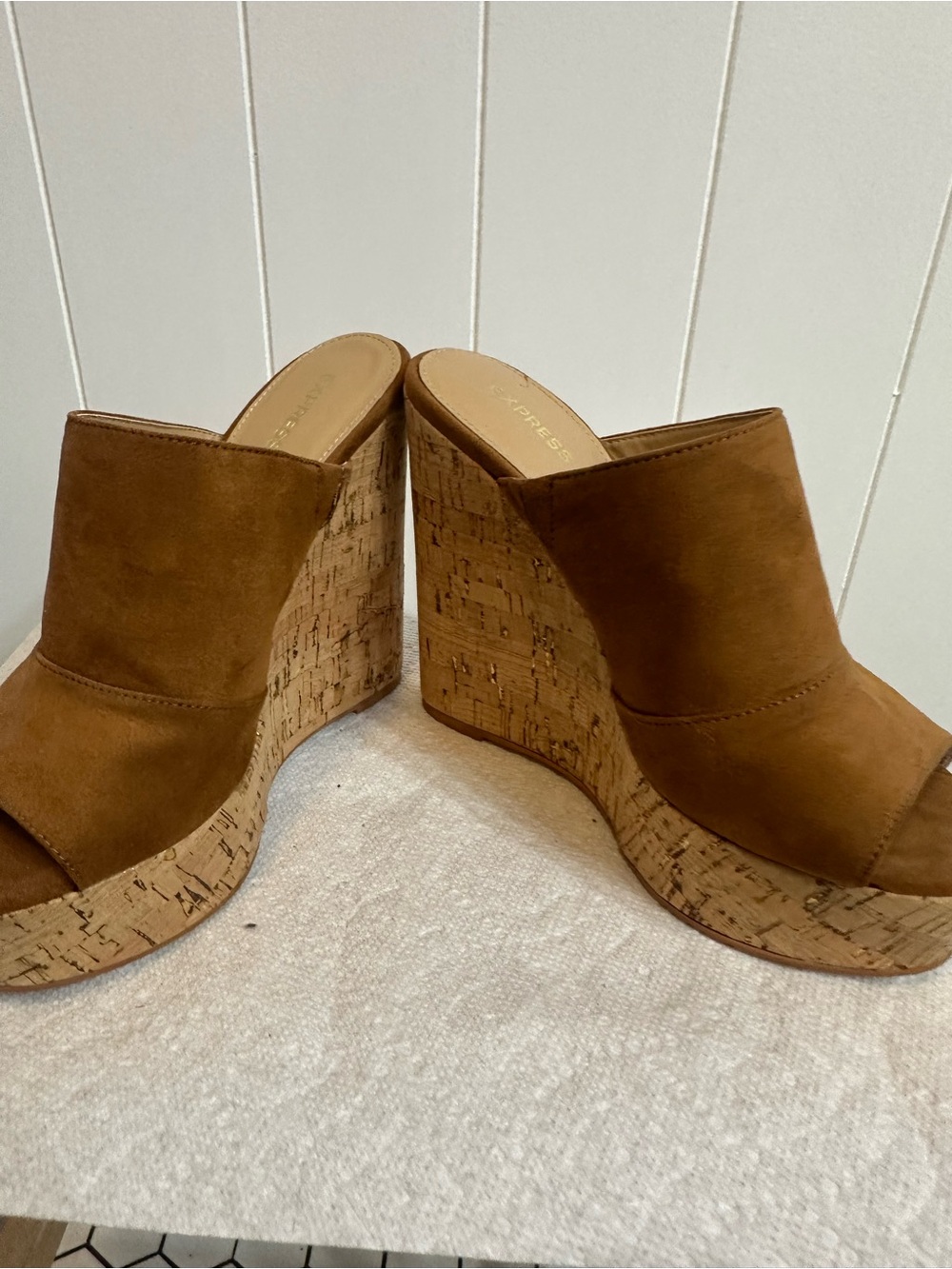 Express Tan Suede Cork Wedge Mule Sandals - Picture 2 of 5